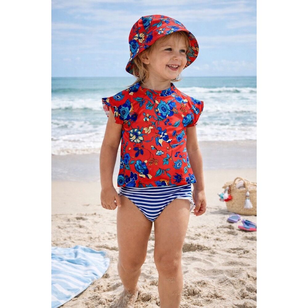 Janie and Jack Girls Rash Guard Bikini Set Floral Red Blue Striped Bottoms Size